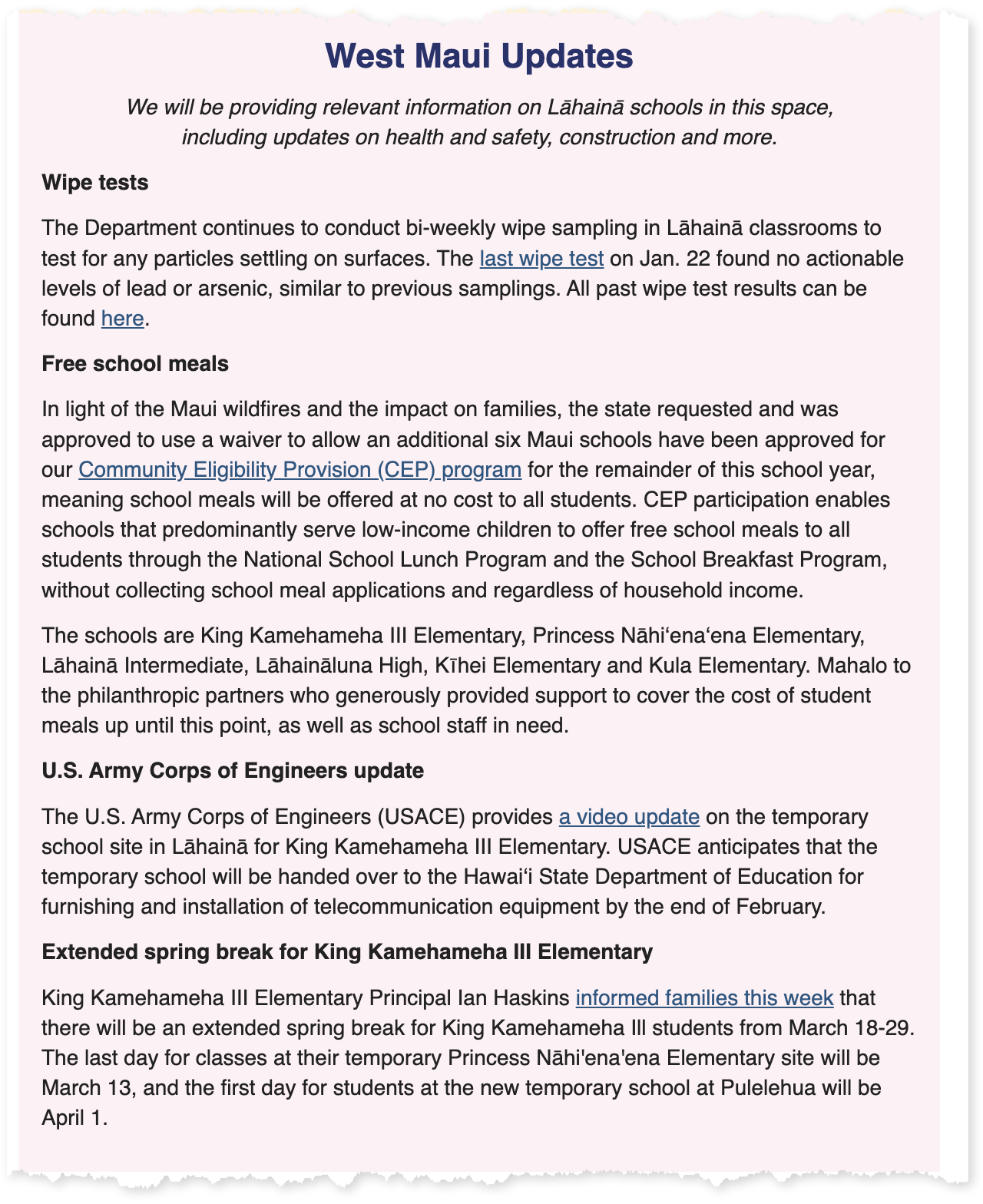 Hawaii DOE Maui school updates archive